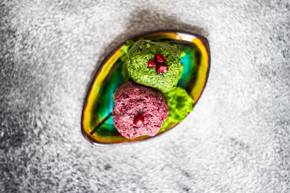 Top view of traditional Georgian dish beet & spinach dish pkhali