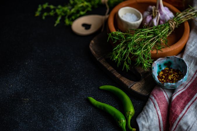 Herbs, garlic and seasoning on counter with copy space