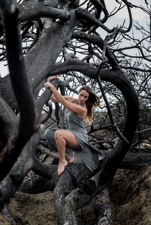 Woman posing on twigs of dry trees