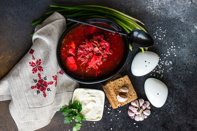 Bowl of Ukrainian beetroot soup borscht