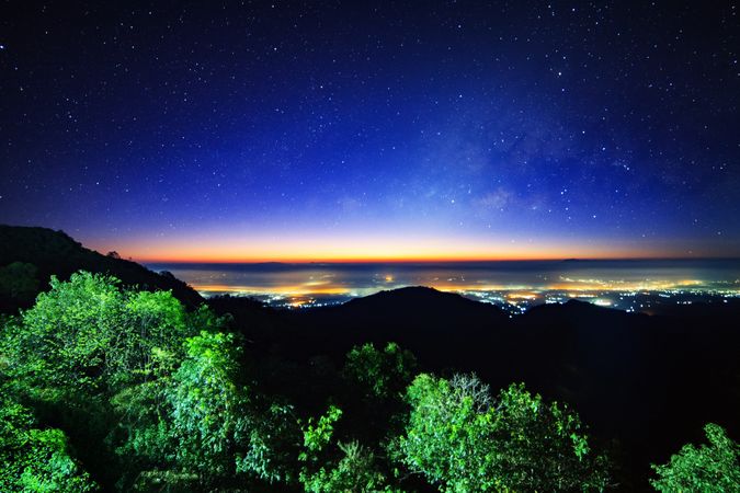 Starry night sky at Monson viewpoint Doi AngKhang and milky way galaxy with stars and space dust in the universe