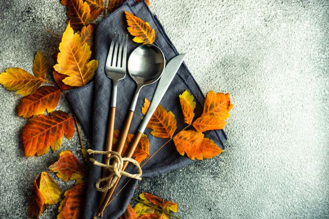 Navy napkin with cutlery and dried fall leaves
