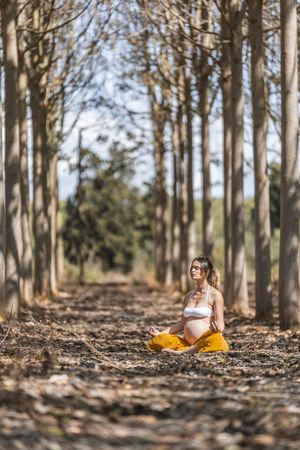 Calm adult pregnant woman practicing yoga while sitting in pose lotus on ground in park during sunny day
