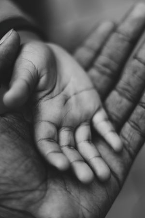 Grayscale photo of baby's hand on an adult's hand