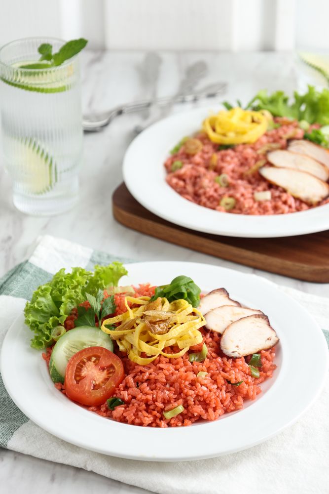 Red Fried Rice or nasi Goreng Merah with Sliced Chicken