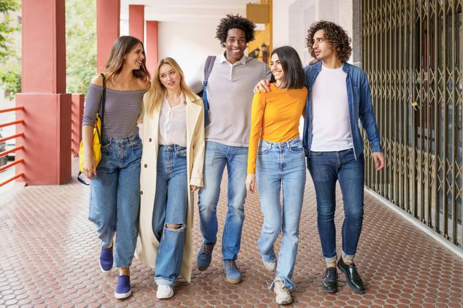 Group of friends walking down street outside