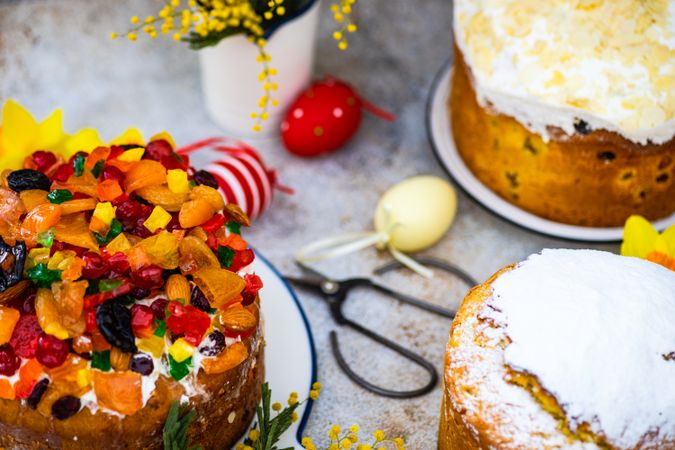 Easter food concept with traditional cake and colorful eggs