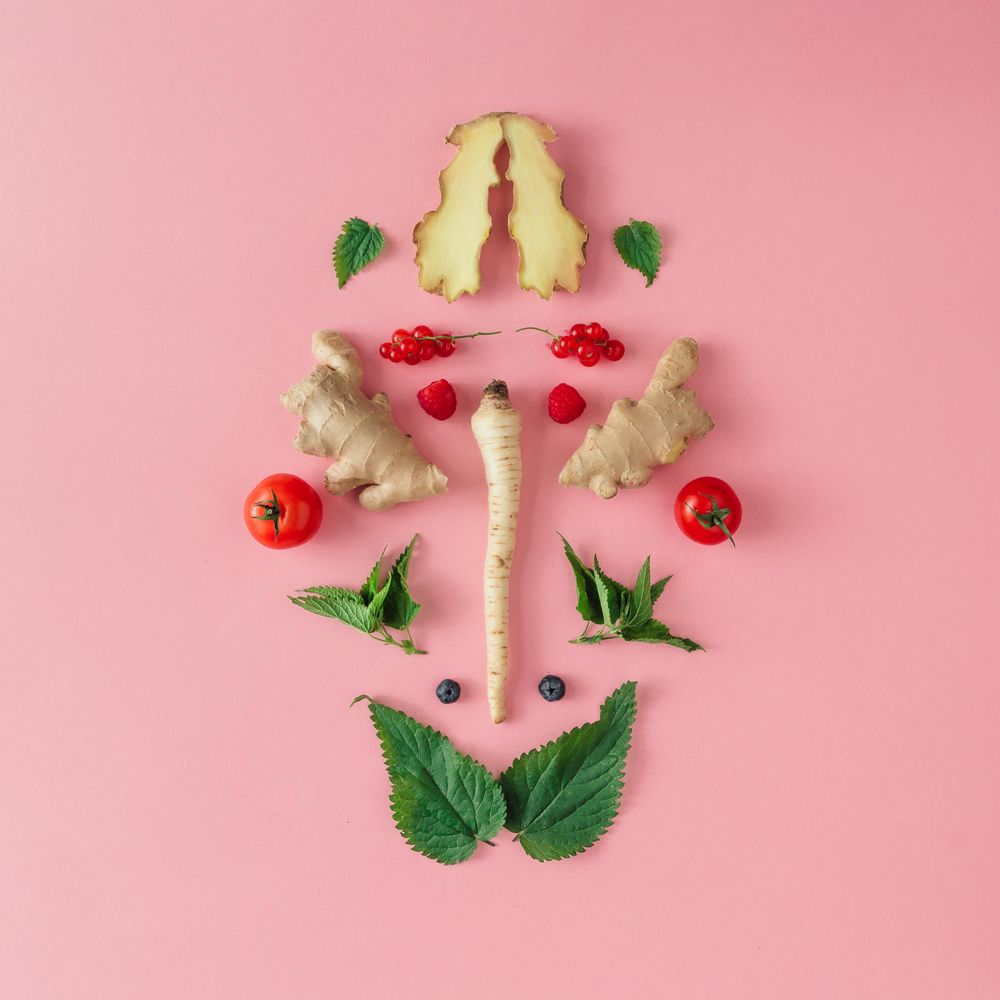 Symmetrical pattern of ginger, herbs, parsley, and berries