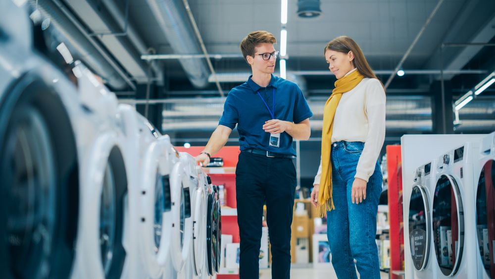 Customer Engages in Dialogue with a Retail Electronics Shop Consultant while Choosing a Washing Machine.