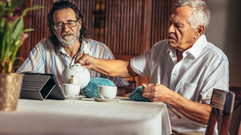 Two men sitting at home having tea while knitting