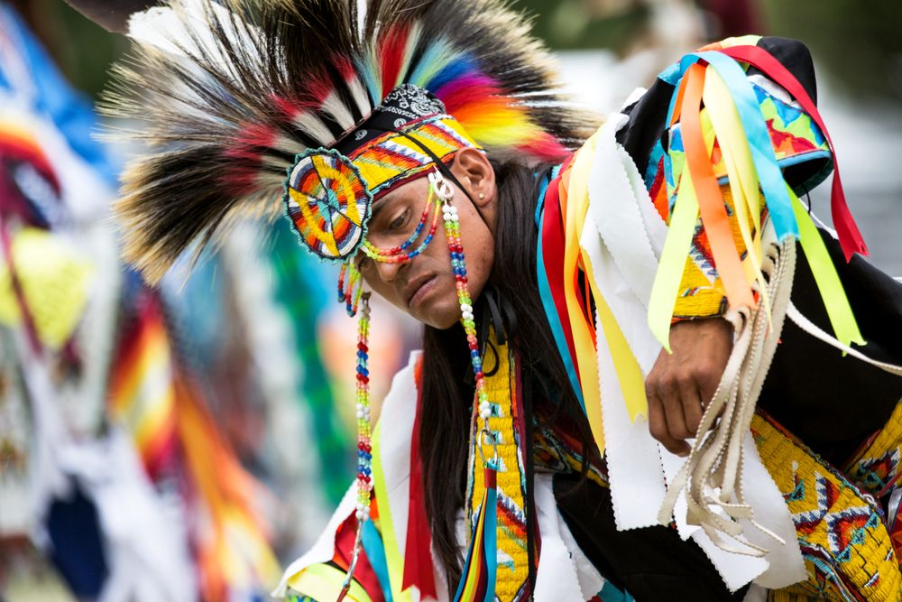 Red Wing, MN, USA - July 8th, 2017: Sioux man in colorful traditional dress