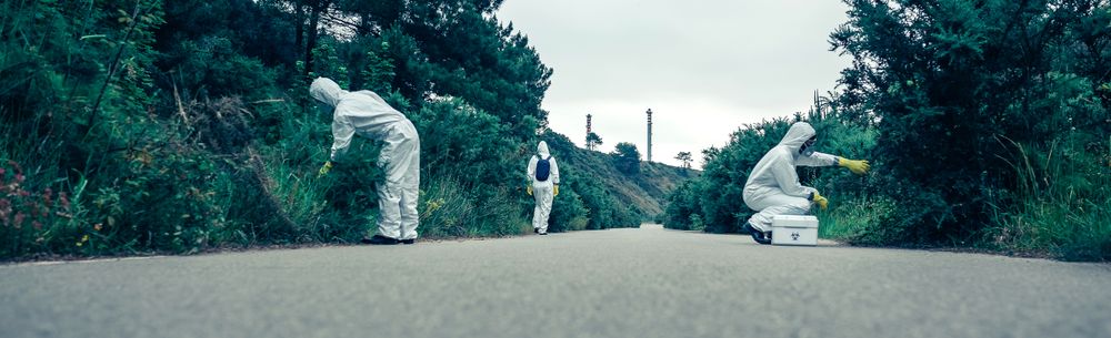 People in bacteriological protection suits looking for samples on empty road