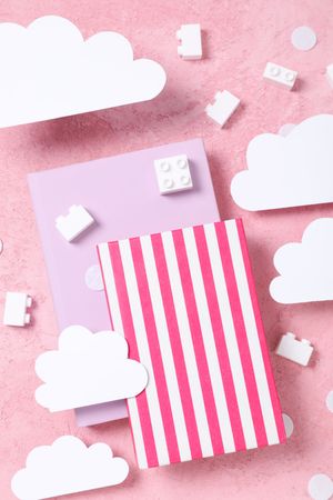 Concept of baby book or books for children, top view