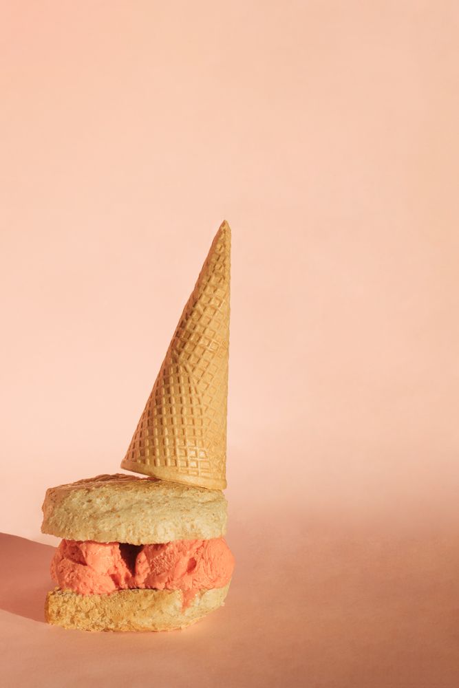 Peachy, pink, summer sun colors ice cream slices with cone