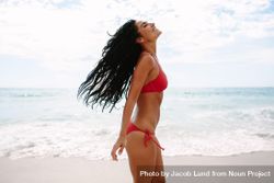 Side view of a smiling woman in bikini standing at the beach 5oqx1b