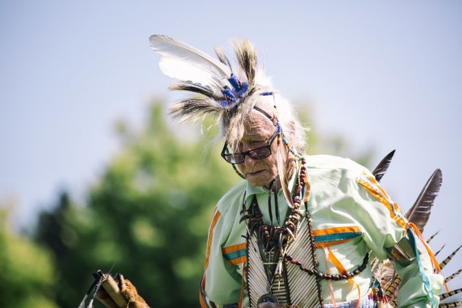 Red Wing, MN, USA - September 22nd, 2017: Mature Sioux man in traditional regalia