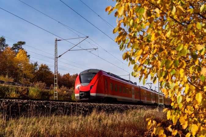 German regional train passing through autumn nature near Nuremberg