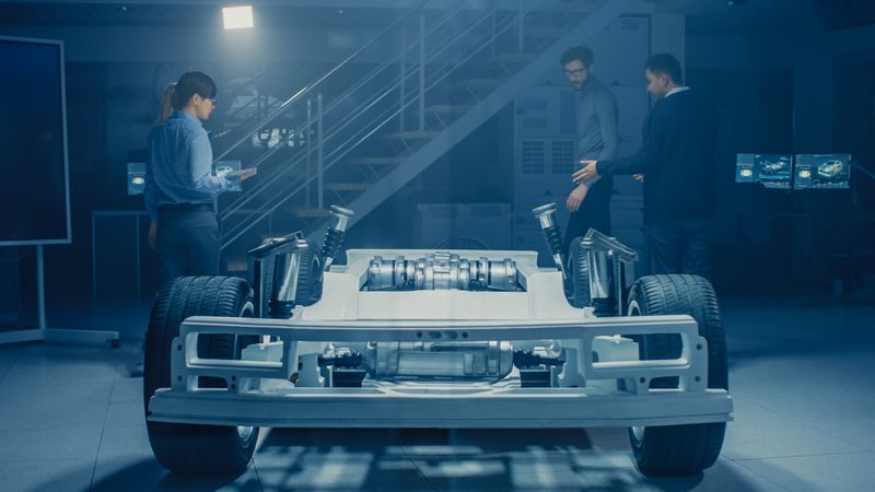 Team of Automobile Design Engineers in Automotive Innovation Facility Working on Electric Car