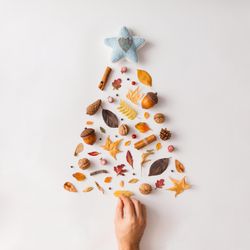 Christmas tree made of various autumn leaves and fruits