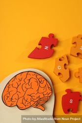 Cut out of head shape with brain & puzzle pieces on orange background, vertical composition 0W3nx0