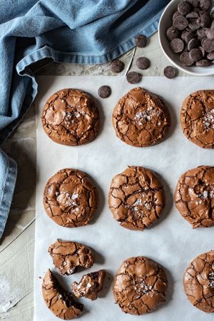 Homemade brownie cookies arranged on baking paper