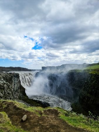 Majestic icelandic waterfall cascading over cliffs