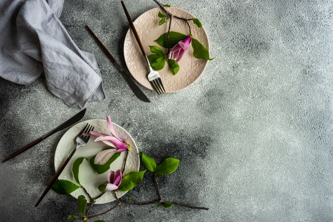 Top view of two plates with magnolia flowers on grey counter with space for text