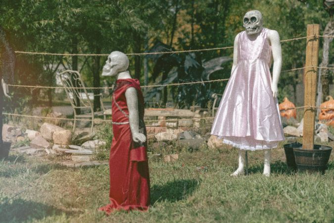 Skeleton's in dresses for halloween decorations