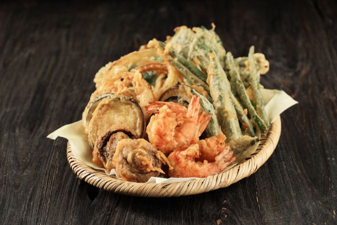Japanese Tempura, Shrimp, and Various Vegetables Coated in Flour