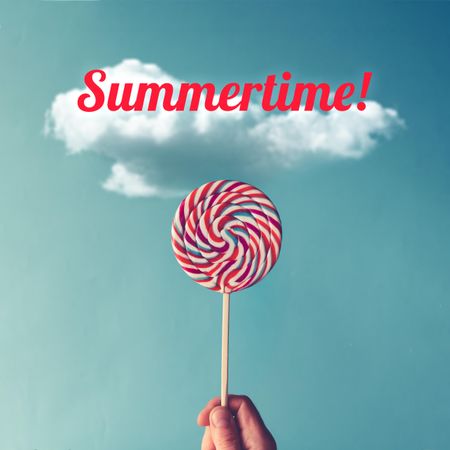 “Summertime!” with lollipop on sky background