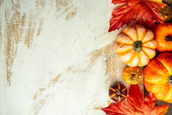 Top view of autumn flatlay with pumpkin ornaments and leaves with space for text