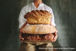 Cropped shot of baker showing various types of loaf bread against gray background 5aokAb