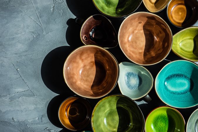 Collection of colorful empty bowls