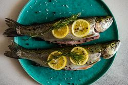 Trout fish ready for cooking with lemon and rosemary