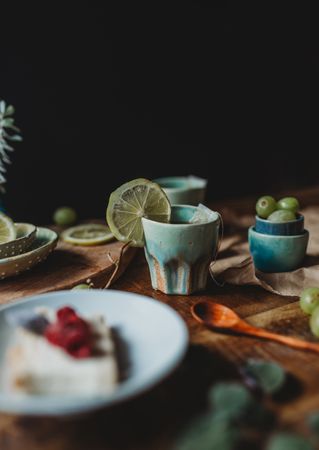 Arrangement of ceramic utensil on wood table