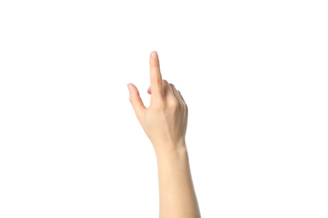 Female hand showing gesture, isolated on plain background