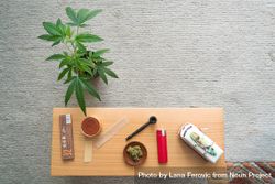 Wooden desk of rolling papers, dried weed, pipe, toy car and plant 5q97a5