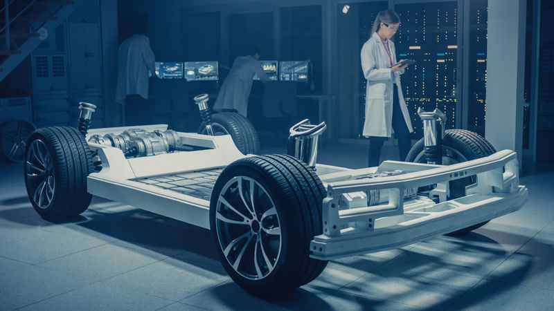 Team of Automotive Engineers and Scientists Discussing, Designing and Working on Electric Car Platform Chassis Prototype.