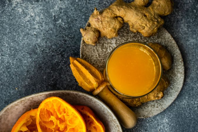 Top view of ingredients for healthy ginger orange drink