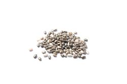 Heap of chia seeds isolated on plain background, closeup