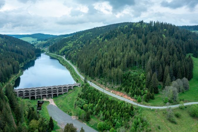 Drone image with water reservoir in Forest, Germany
