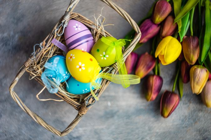 Top view of decorative Easter eggs in basket on grey table with tulips