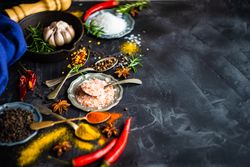 Spices, herbs and salt on counter with copy space