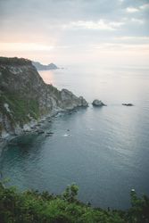 Scenic rocky seascape during sunset