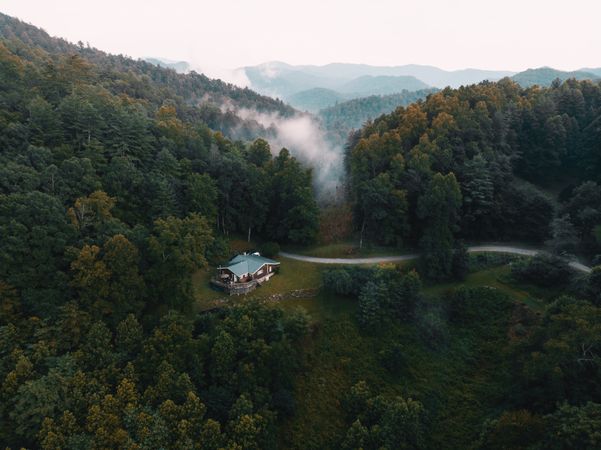 Aerial shot of small house amid trees