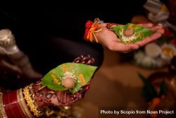 Indian Bride and Groom holding green leaves with rise and seed on them beBNA0
