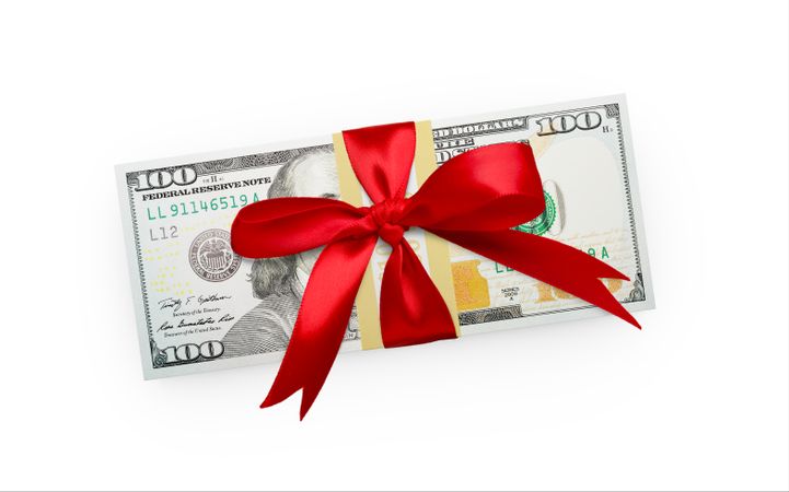 Ten Thousand Dollars Stack of One Hundred Dollar Bills Wrapped in a Red Bow