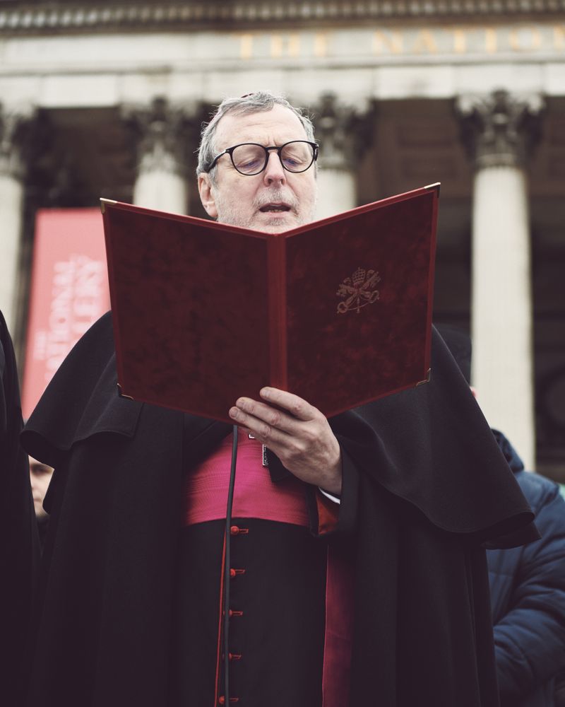 London, England, United Kingdom - March 5 2022: Religious man doing a reading at a protest