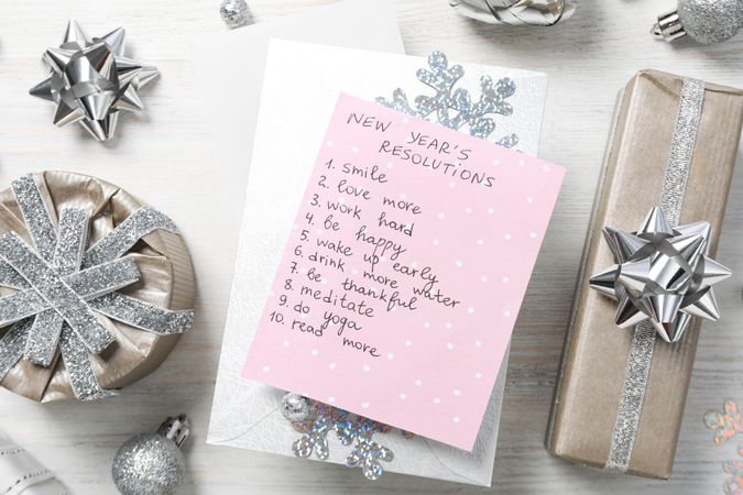Concept of New Year Resolutions list, new year goals, top view