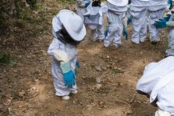 Faceless group of children in protective uniform in apiary